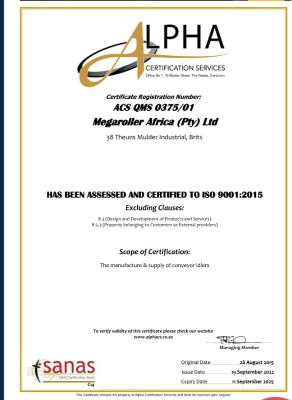 ISO 9001:2015 Certification — Megaroller Africa (Pty) Ltd